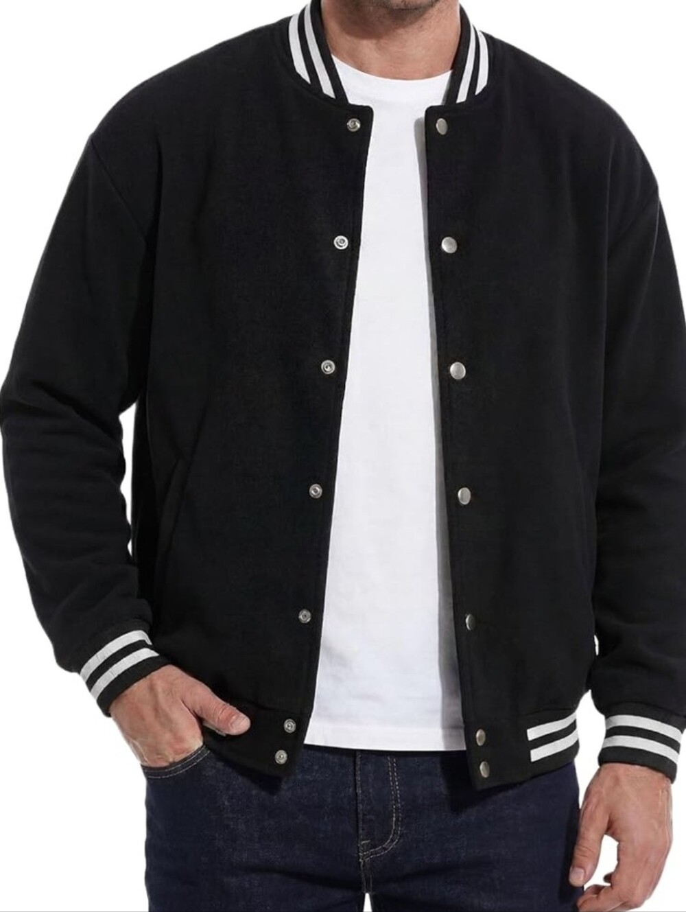 NIB Men's Black Button-Front Varsity Jacket S Sweatshirt Fleece Letterman